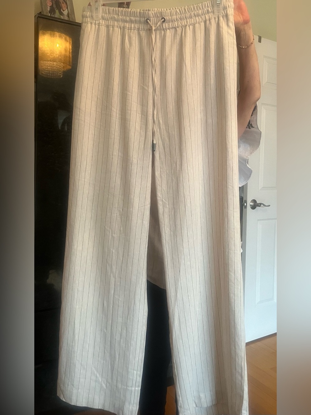 Beige Pinstripe Linen Blend Wide-Leg Pants